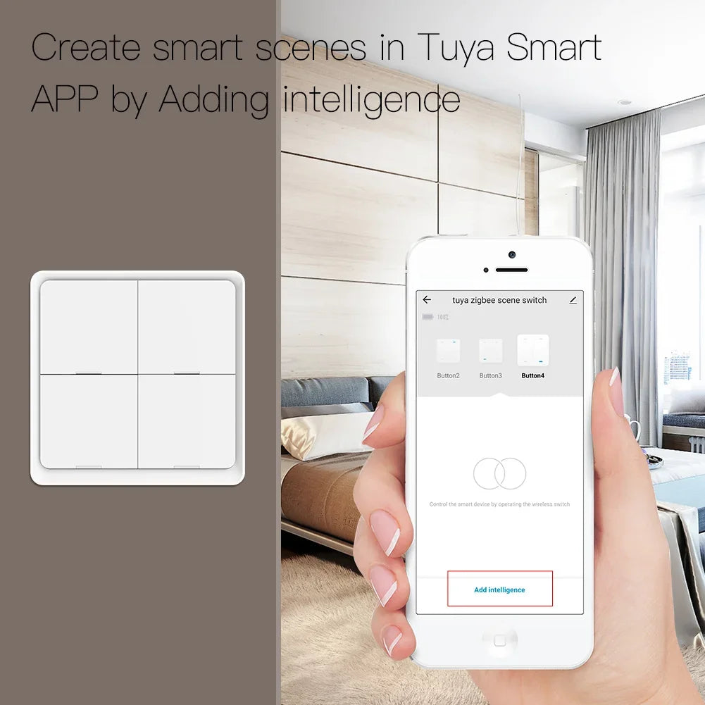 MOES 4 Gang Tuya ZigBee Wireless Scene Switch - 12 Customizable Automation Scenarios, Battery-Powered Push Button Controller for