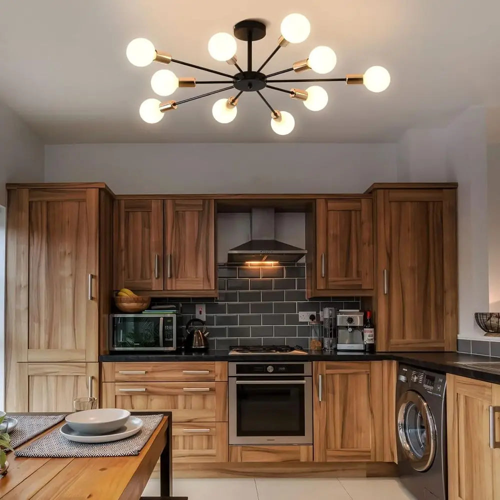 10-Light Semi Flush Mount Ceiling Light, Black and Gold Sputnik, Suitable for Bedroom, Kitchen, Living Room, Entryway, Laundry R