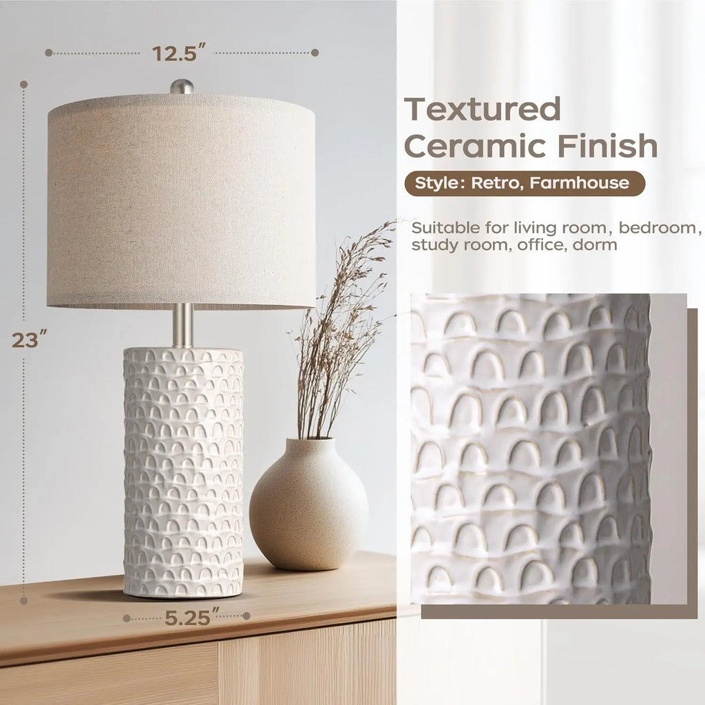 Modern Ceramic Table Lamp Set of 2, Rustic Farmhouse Nightstand Lamps for Living Room Bedroom Home Decor in White Beige