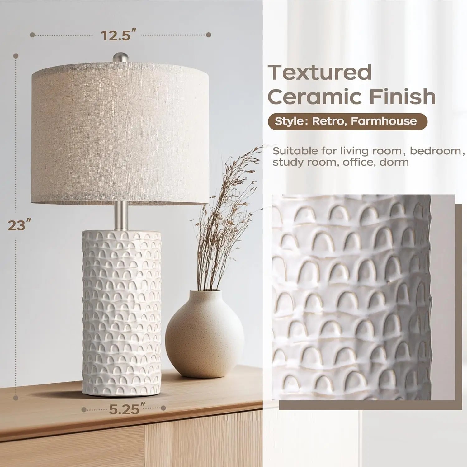 Modern Ceramic Table Lamp Set of 2, Rustic Farmhouse Nightstand Lamps for Living Room Bedroom Home Decor in White Beige