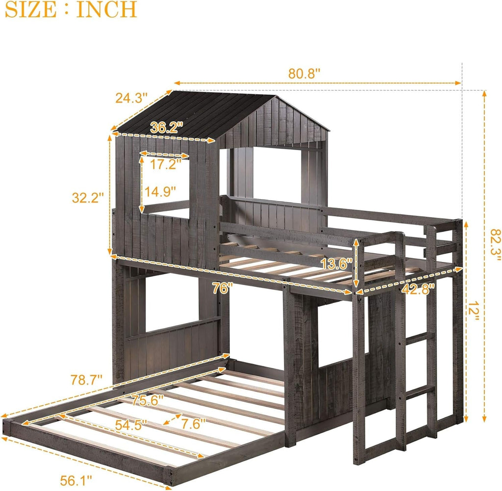 House Bunk Beds Twin Over Full Wood Distressed Grey