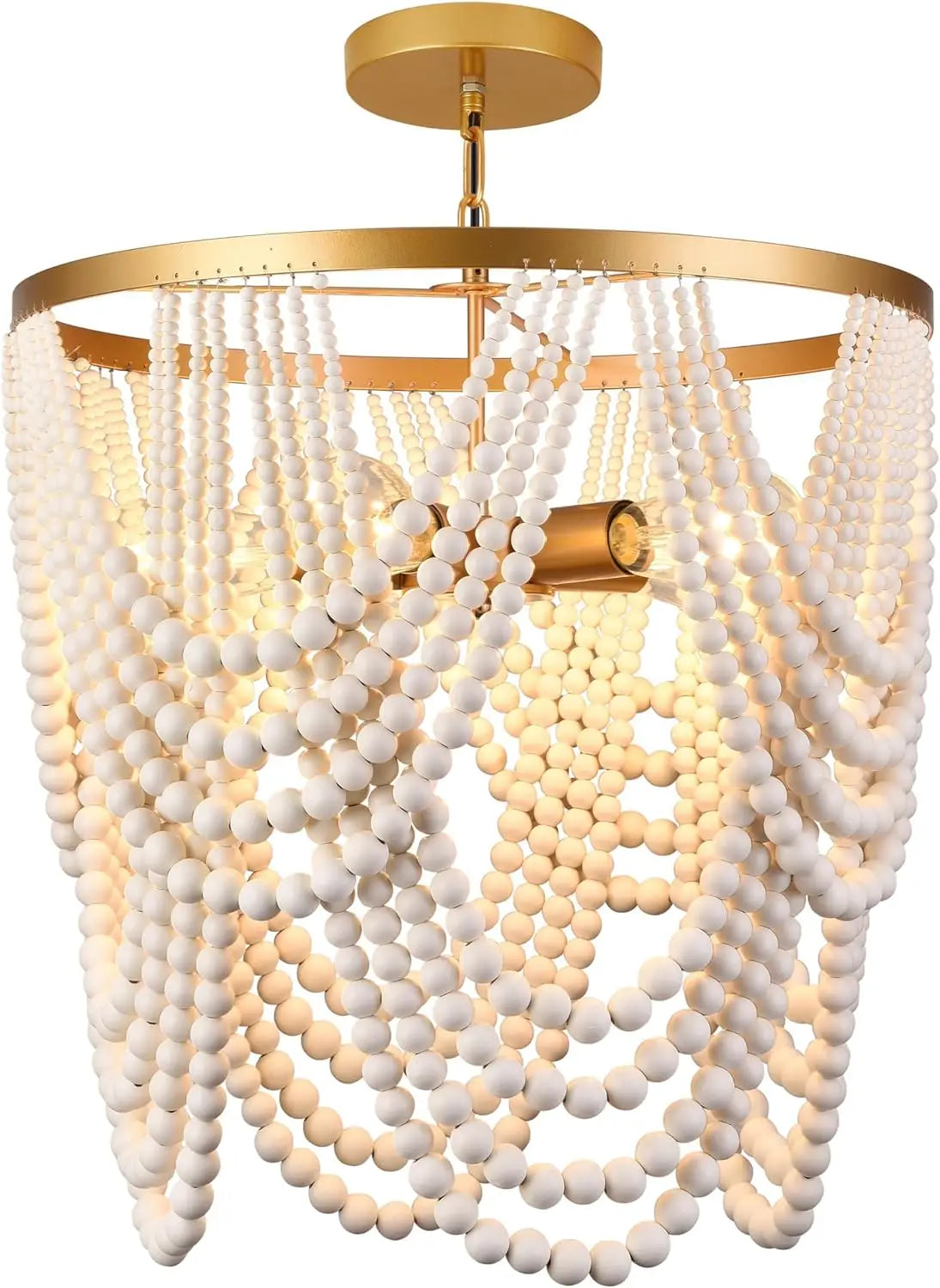 Boho Wood Beaded Chandelier with 5 Lights in Gold and Oak Finish for Dining, Living, Bedroom