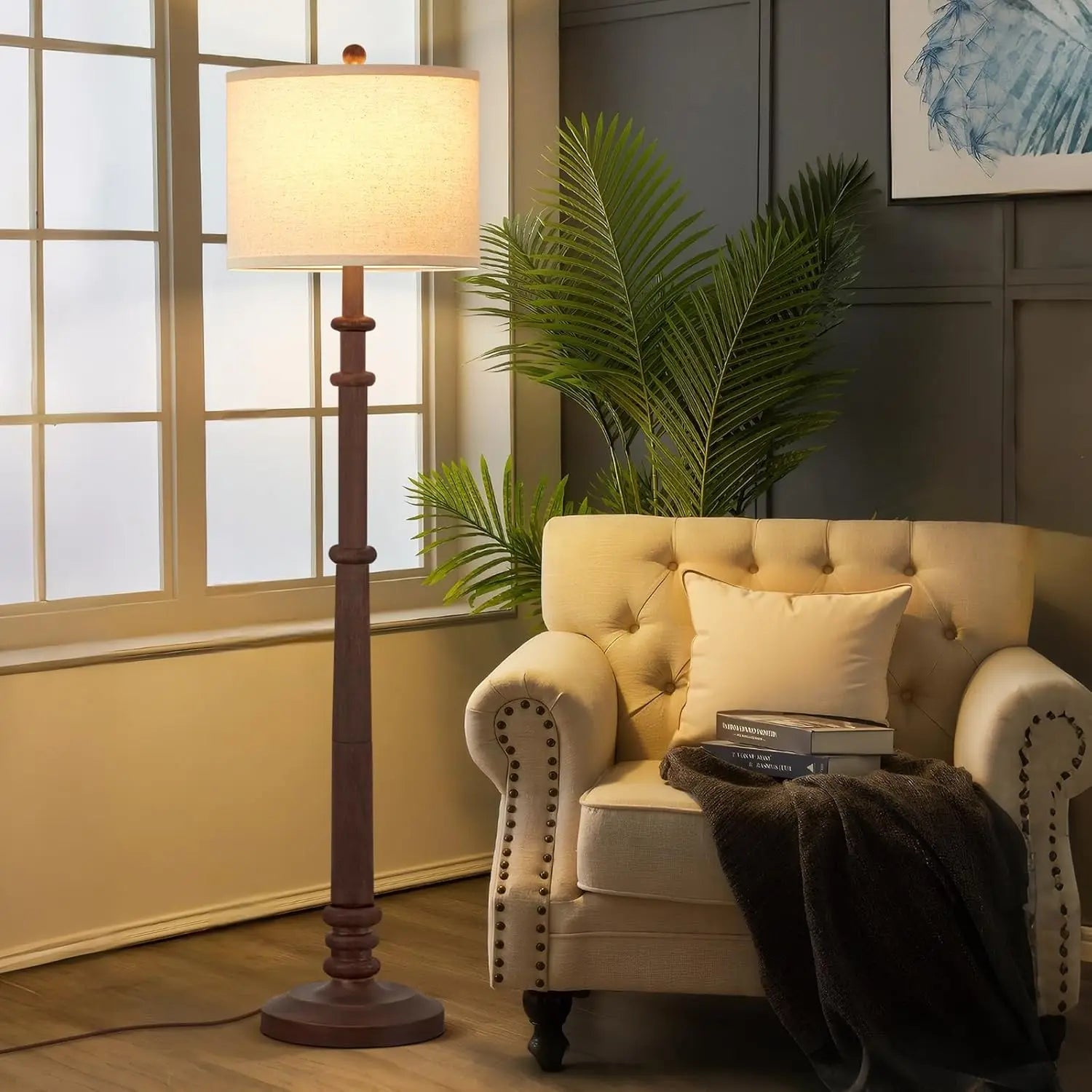 60" Adjustable Color Temperature Farmhouse Floor Lamp with Linen Shade - Vintage Style for Living Room Bedroom Office