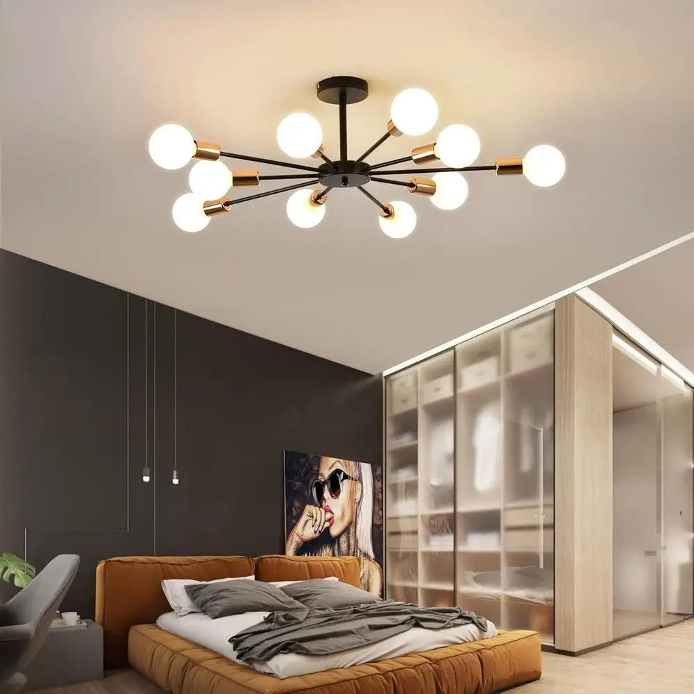 10-Light Semi Flush Mount Ceiling Light, Black and Gold Sputnik, Suitable for Bedroom, Kitchen, Living Room, Entryway, Laundry R