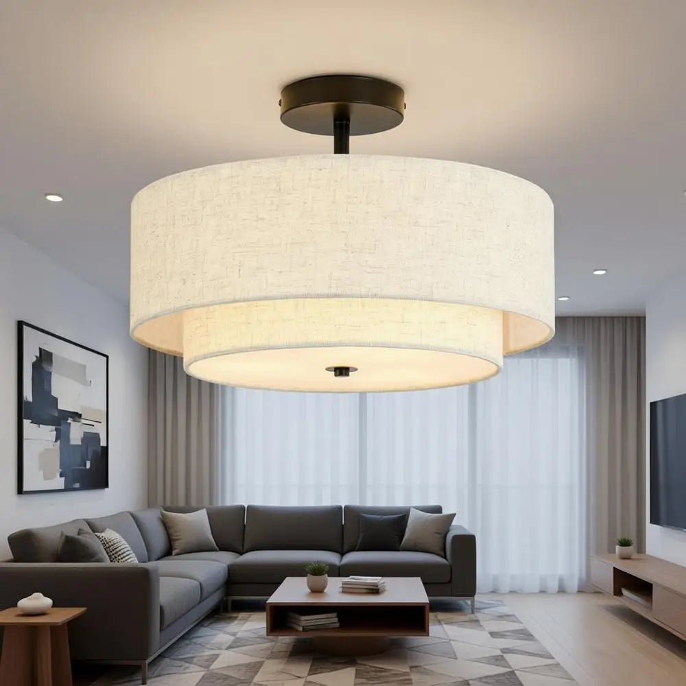 3-Light Drum Ceiling Light with 2-Tier Fabric Linen Shade for Chandelier or Dining Room, Living Room, Bedroom, Kitchen, Hallway,