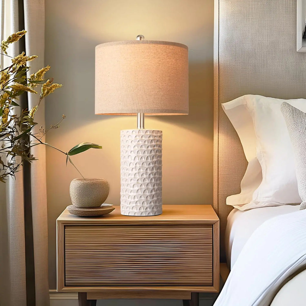 Modern Ceramic Table Lamp Set of 2, Rustic Farmhouse Nightstand Lamps for Living Room Bedroom Home Decor in White Beige