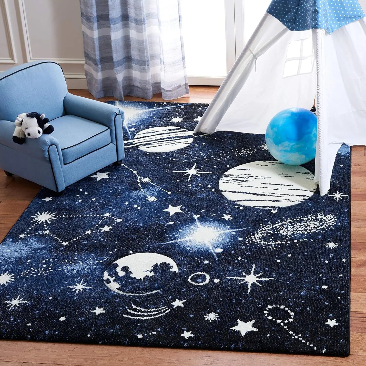 Kids' Playroom Rug 6'7" x 9', Dark & Light Blue, Non-Shedding & Easy Clean for High Traffic Areas