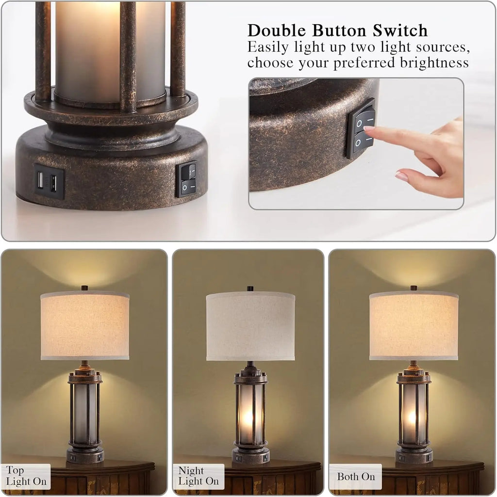 Set of 2 Rustic Farmhouse Lamps with USB Ports and Night Light for Living Room or Bedroom, Includes 4 Bulbs