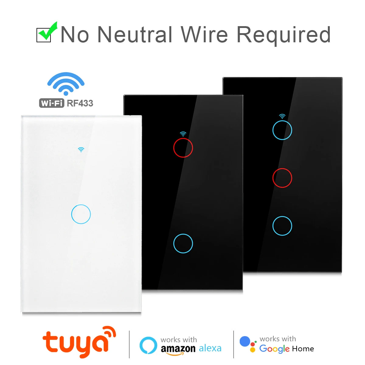 US Smart Light Switch Tuya WiFi Neutral wire/No Neutral wire Required 120 Type Wall Touch Switch Work with Alexa, Google Home