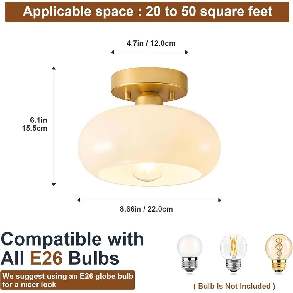 Gold Semi Flush Mount Ceiling Light with Glass Shade, Mini White Close to Ceiling Lamp or Entryway Hallway Bathroom (8.66 Inch)