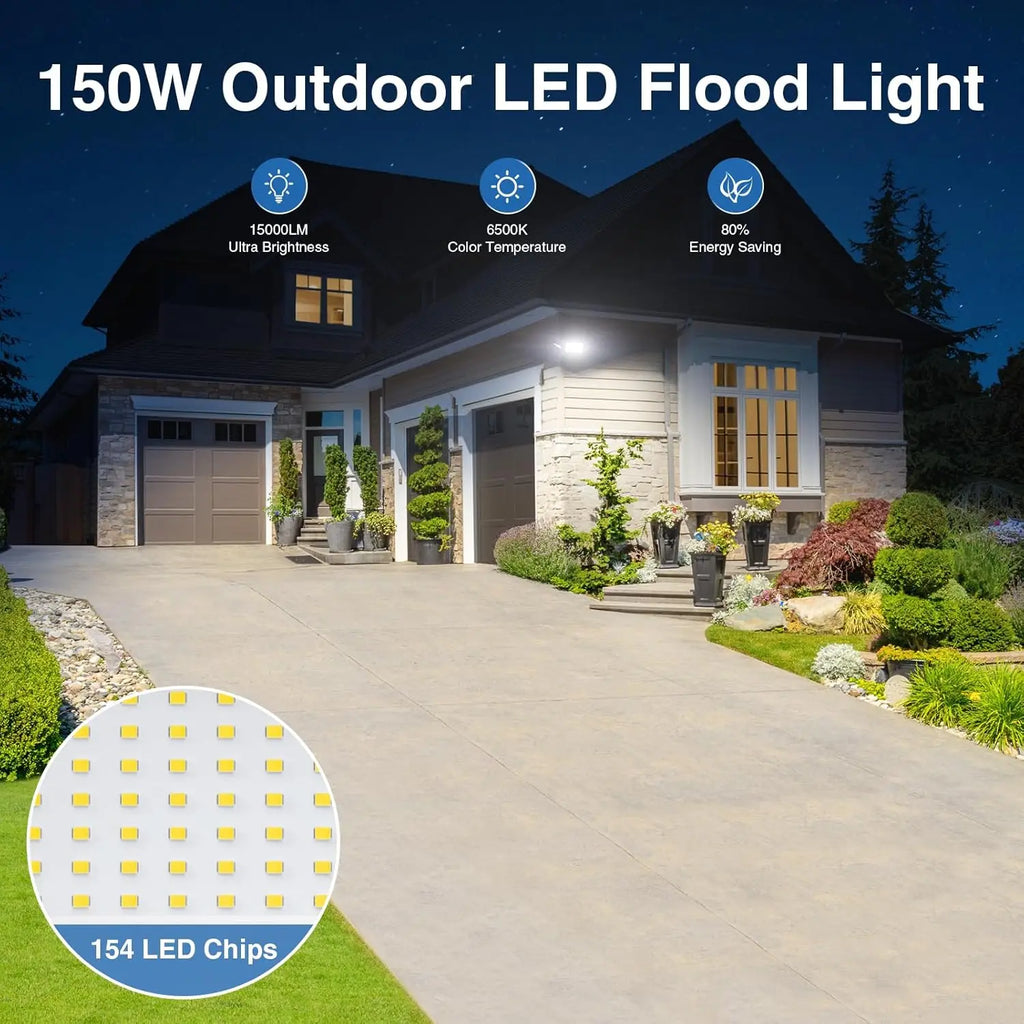 150W LED Flood Light Outdoor Waterproof IP65, 3 Adjustable Heads, 15000LM Super Bright Security Lighting for House Backyard