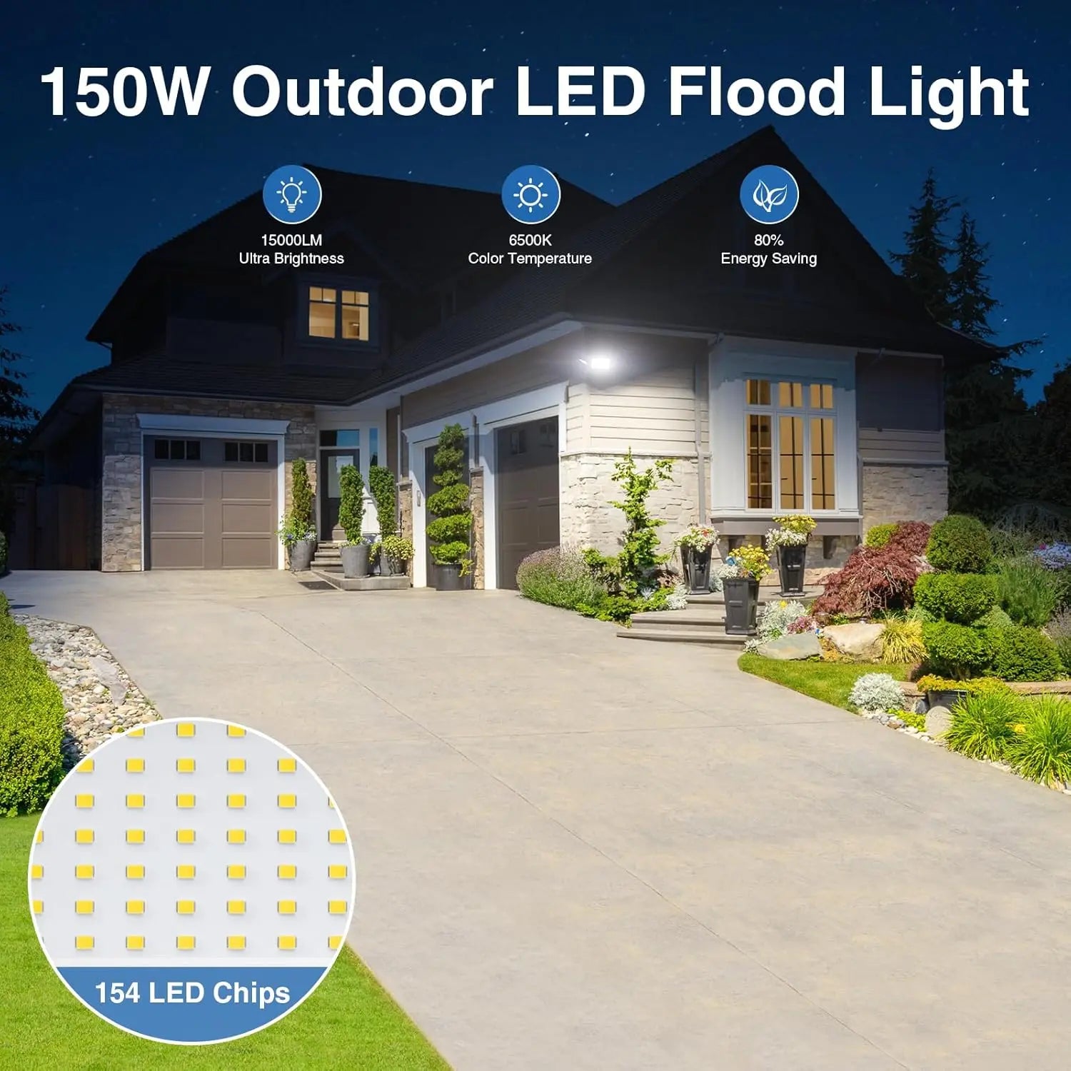 150W LED Flood Light Outdoor Waterproof IP65, 3 Adjustable Heads, 15000LM Super Bright Security Lighting for House Backyard