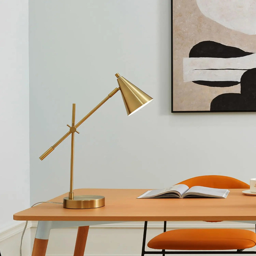 Adjustable Brass Desk Lamp with Modern Cone Shade, E26 Base for Bedroom or Office Lighting