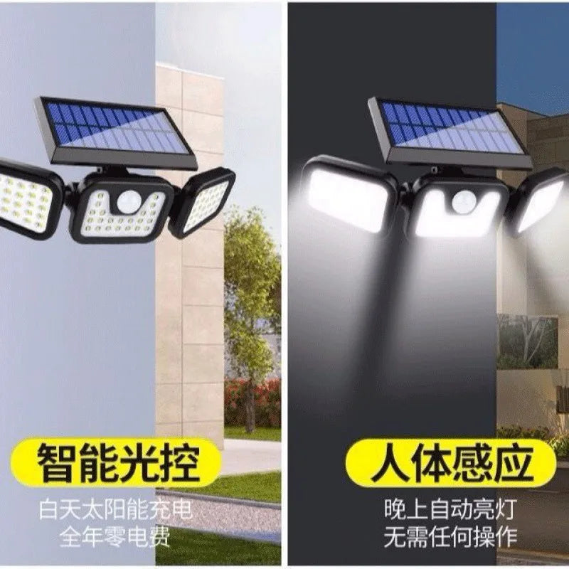 Solar Wall Lamp Garden Lamp Human Body Sensing Streetlight Rotatable Three Lights Street Lamp Energy Conservation Waterproof