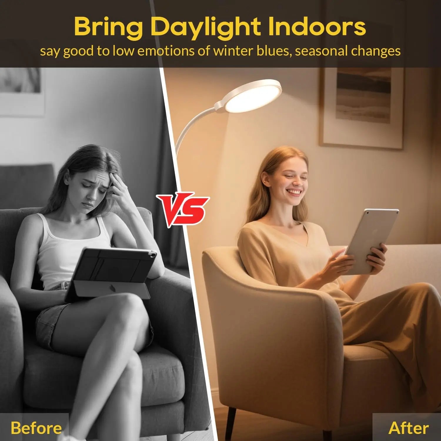 UV-Free Light Therapy Lamp, 11000 Lux Floor Sunlight with Touch Remote, 5 Colors 10 Brightness for Home Office