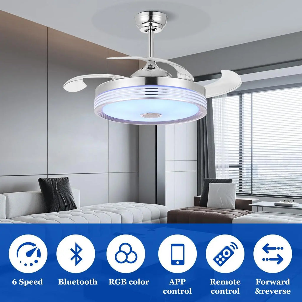 42 Inch Retractable Ceiling Fan with Lights, Remote, Bluetooth Speaker, RGB Colors for Bedroom Living Room