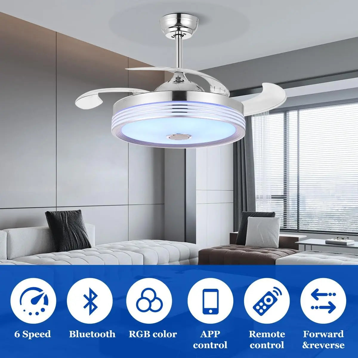 42 Inch Retractable Ceiling Fan with Lights, Remote, Bluetooth Speaker, RGB Colors for Bedroom Living Room