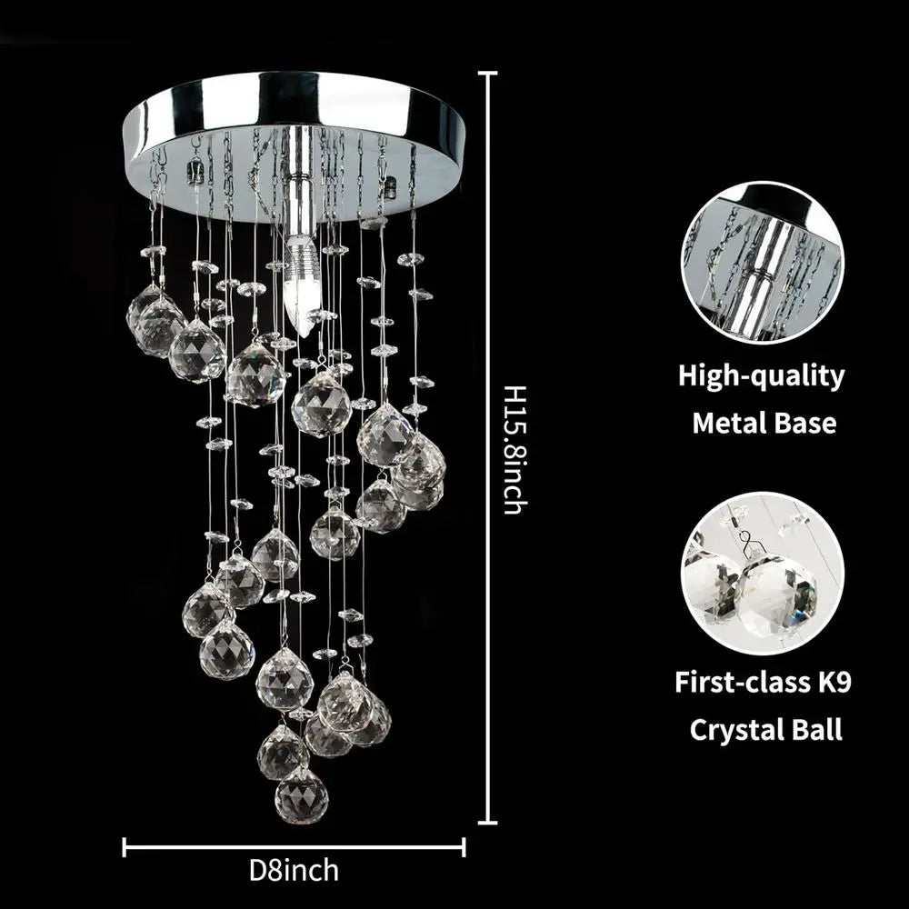 Elegant Spiral Lush Mount Raindrop Crystal Ball Pendant Ceiling Lamp Lighting Fixtures for Bedroom Hallway Living Room D8 x H15.