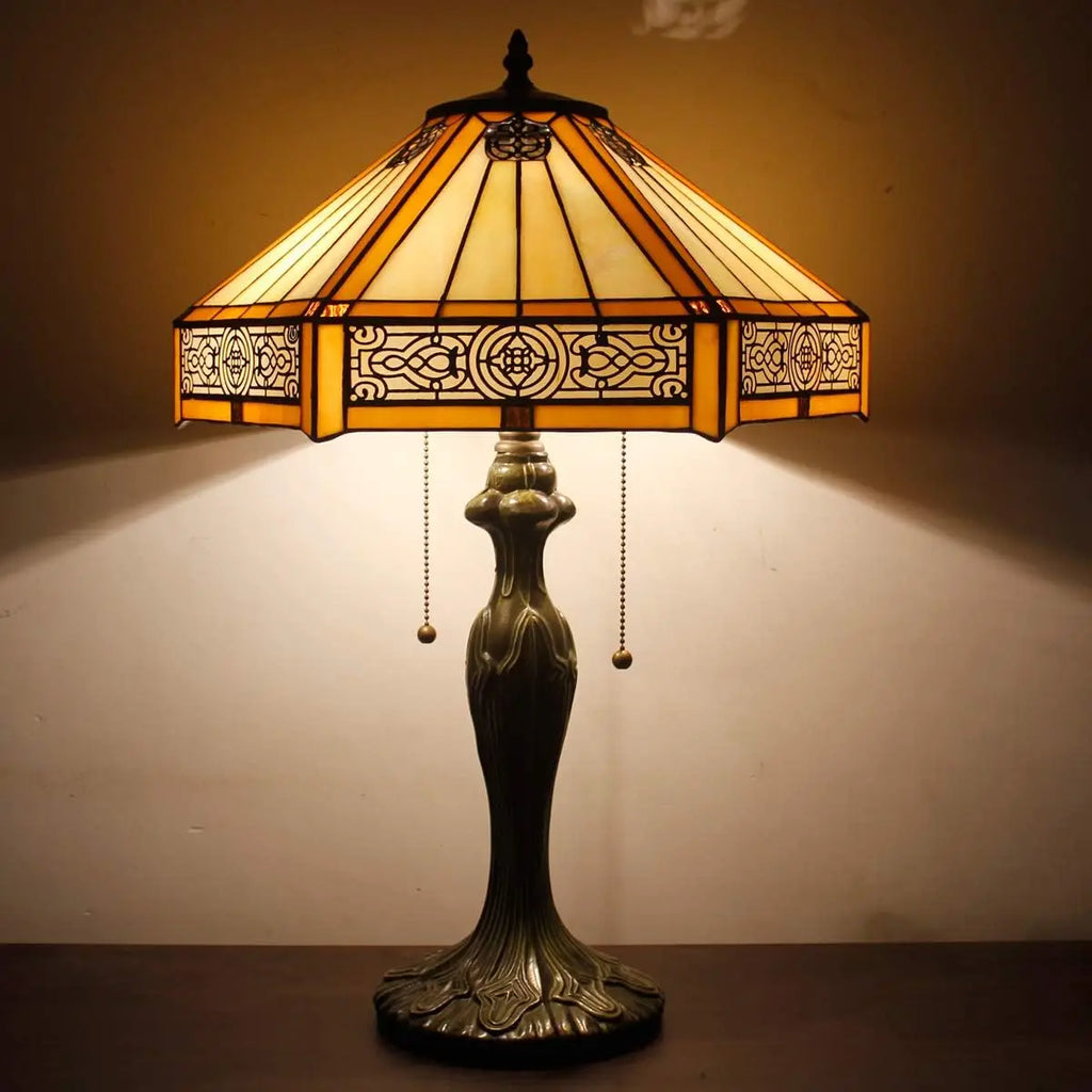 Yellow Hexagon Stained Glass Table Lamp, 16x16x24 Inches, Metal Base for Bedroom Living Room Office Decor
