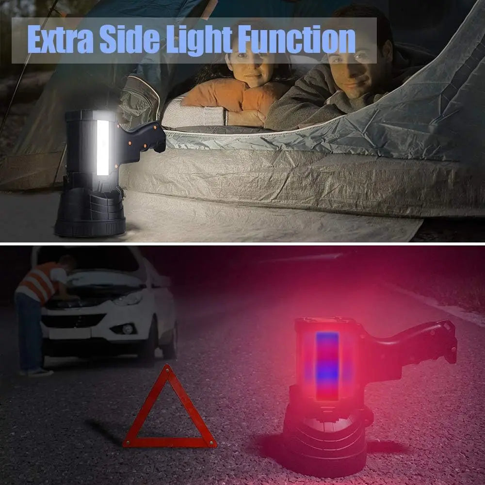 Rechargeable Super Bright LED Spotlight with Flood Light, Tripod, Long Battery Life for Camping and Outdoor Use