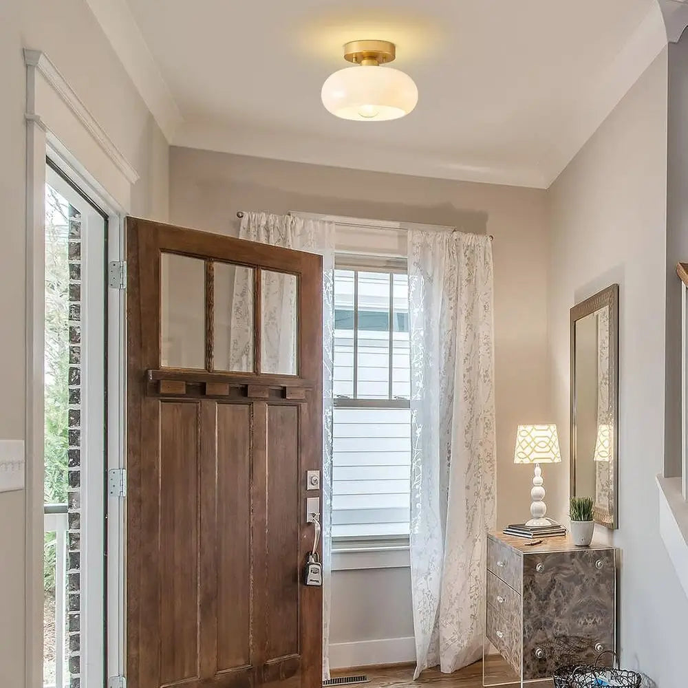 Gold Semi Flush Mount Ceiling Light with Glass Shade, Mini White Close to Ceiling Lamp or Entryway Hallway Bathroom (8.66 Inch)