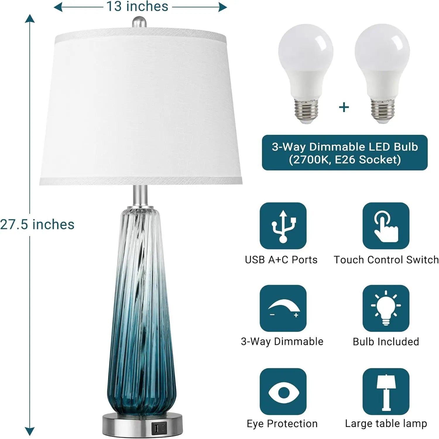 Touch Control Glass Table Lamps Set of 2 with USB Ports, Dimmable Nightstand Lamp for Bedroom Living Room Decor