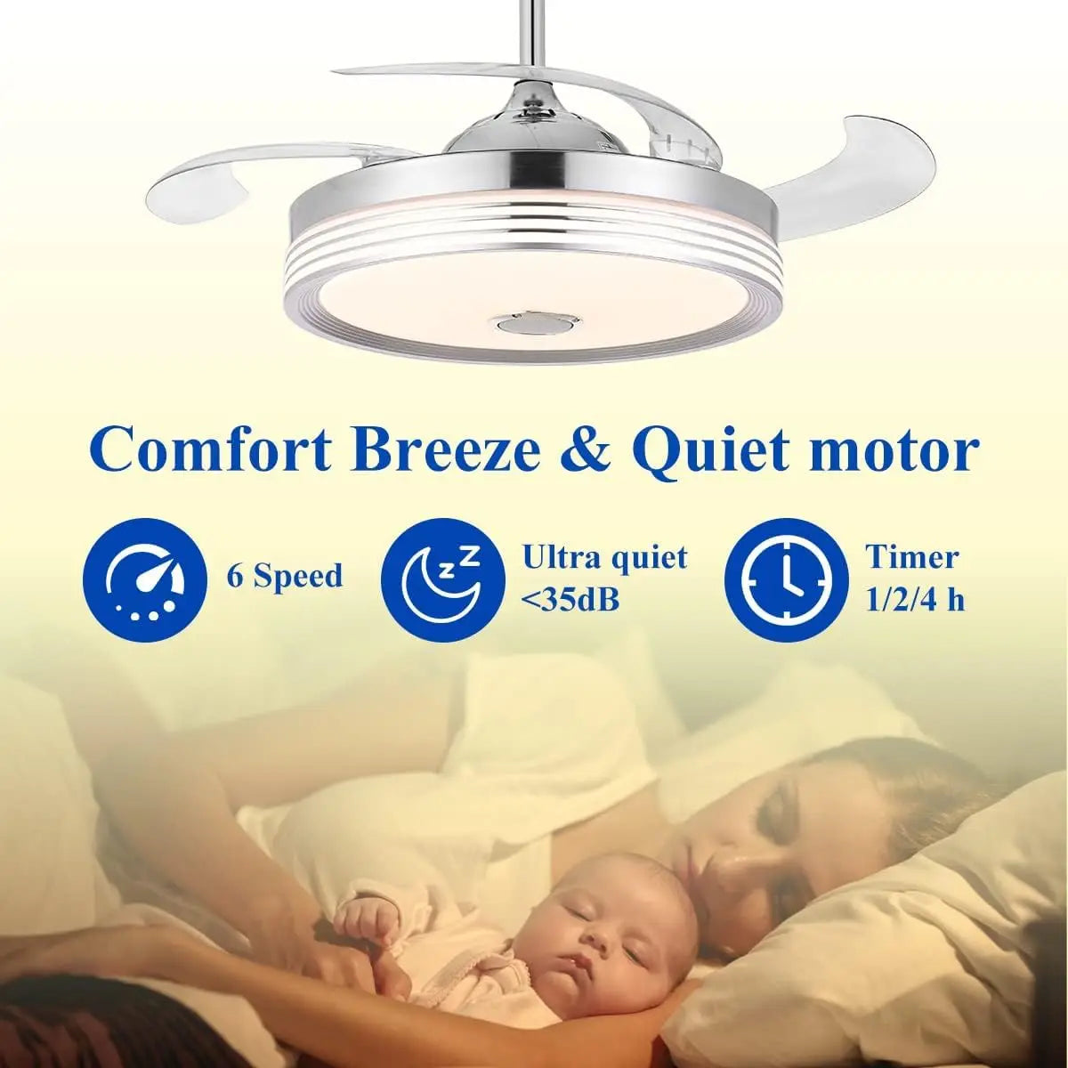 42 Inch Retractable Ceiling Fan with Lights, Remote, Bluetooth Speaker, RGB Colors for Bedroom Living Room