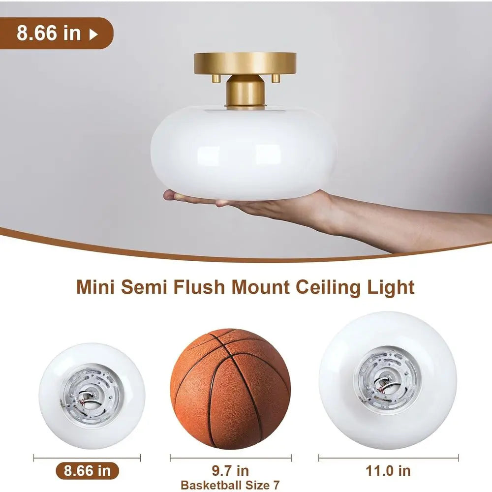 Gold Semi Flush Mount Ceiling Light with Glass Shade, Mini White Close to Ceiling Lamp or Entryway Hallway Bathroom (8.66 Inch)