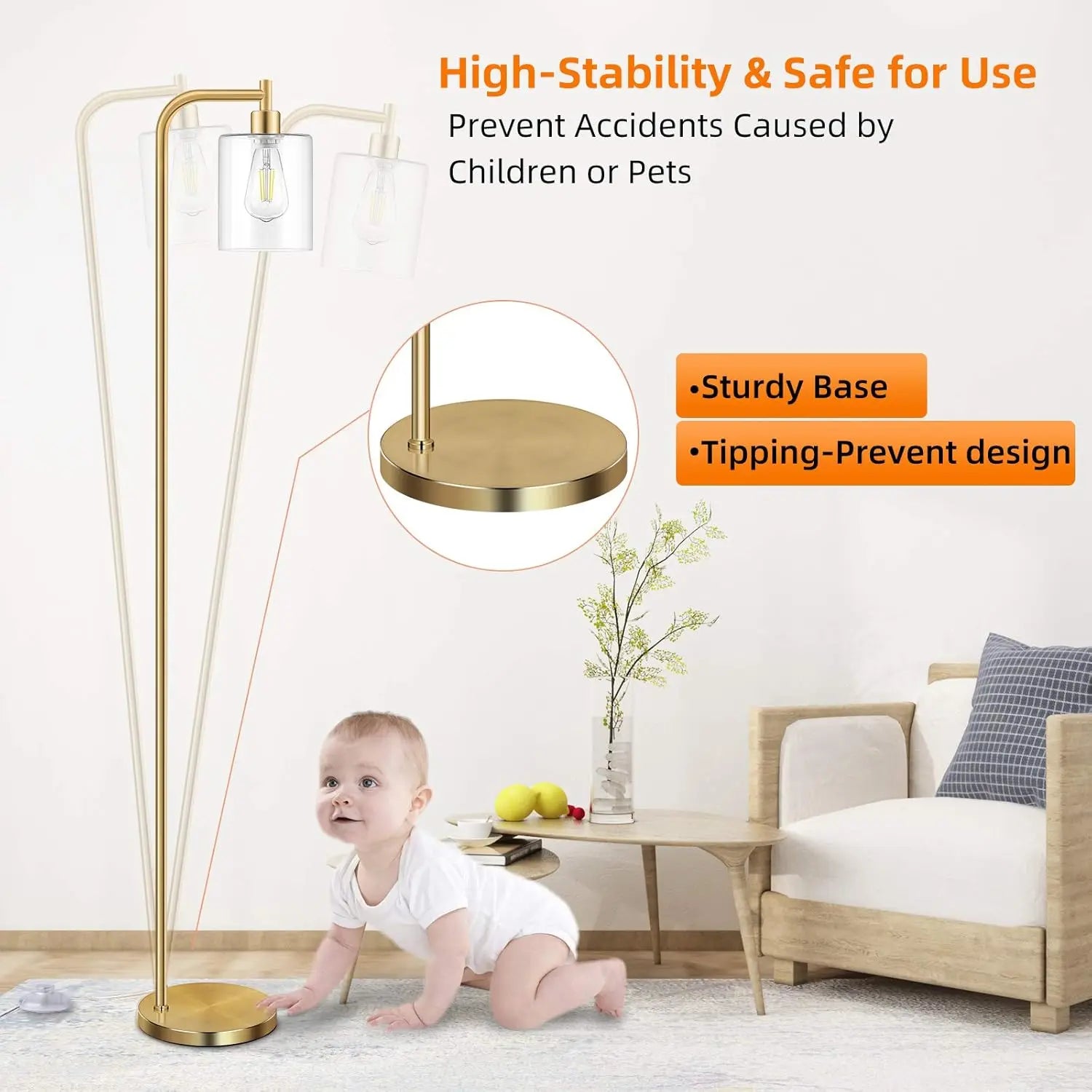 Vintage Industrial Floor Lamp with Glass Shade, Brass Gold Farmhouse Standing Light for Living Room Bedroom Office