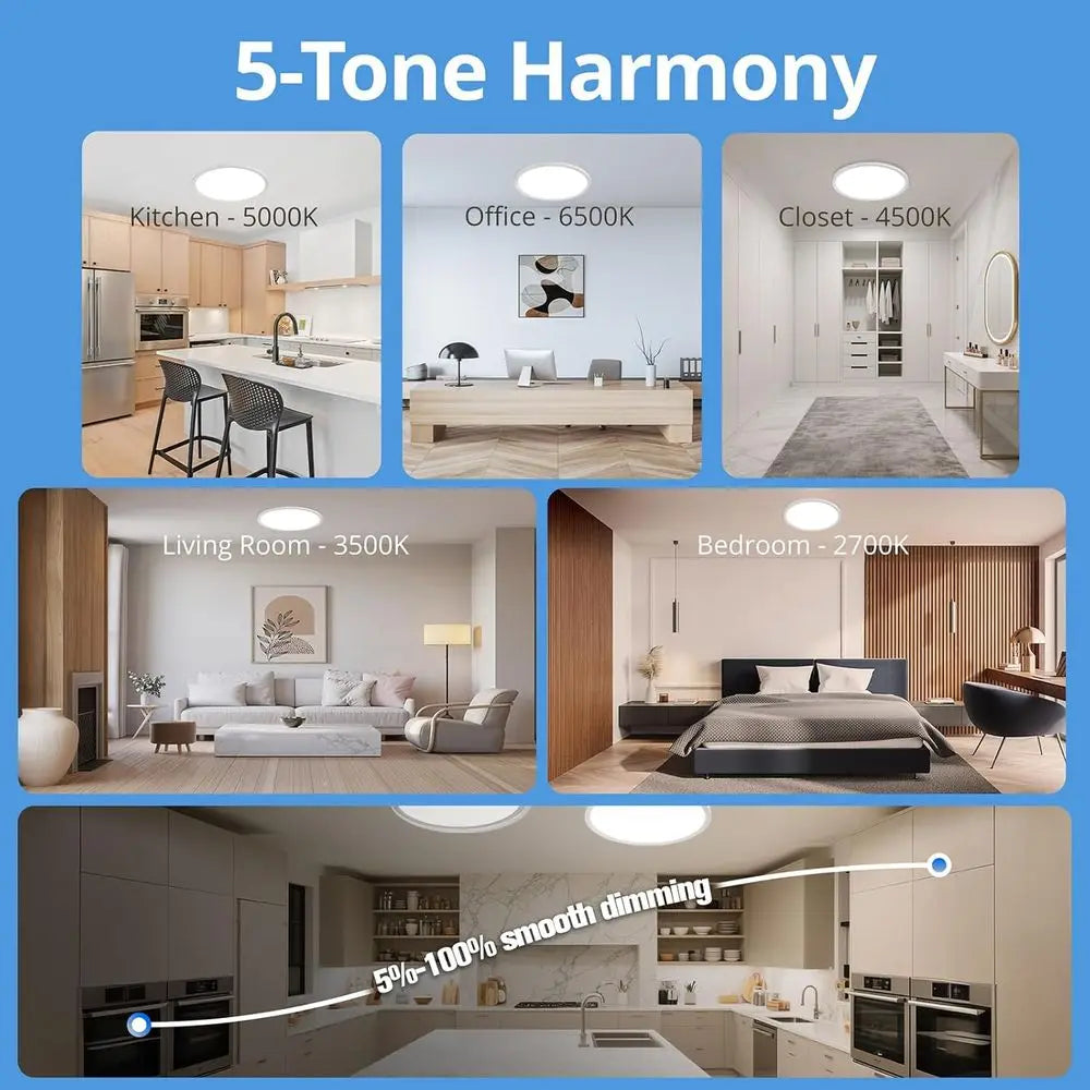 6-Pack 12 Inch LED Ceiling Lights, 2640LM 24W Dimmable & 5CCT Adjustable, Ultra Slim for Low Ceilings, Bedroom, Hallway, Basemen