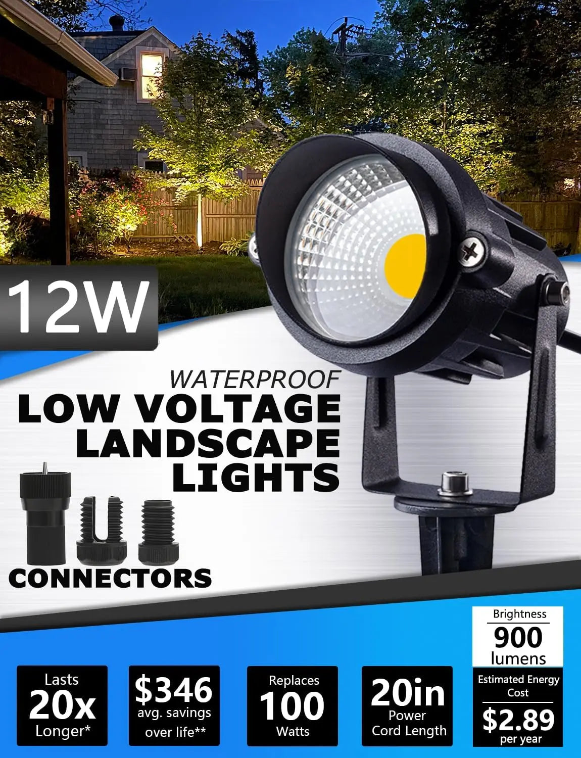 12W Low Voltage LED Landscape Lights with Connectors, Outdoor 12V Warm White Waterproof Garden Pathway Spotlights (10 Pack)