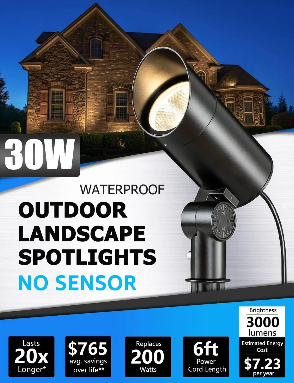 30W Waterproof LED Spotlight 3000LM Warm White Outdoor Lighting for Garden Path Yard Decor