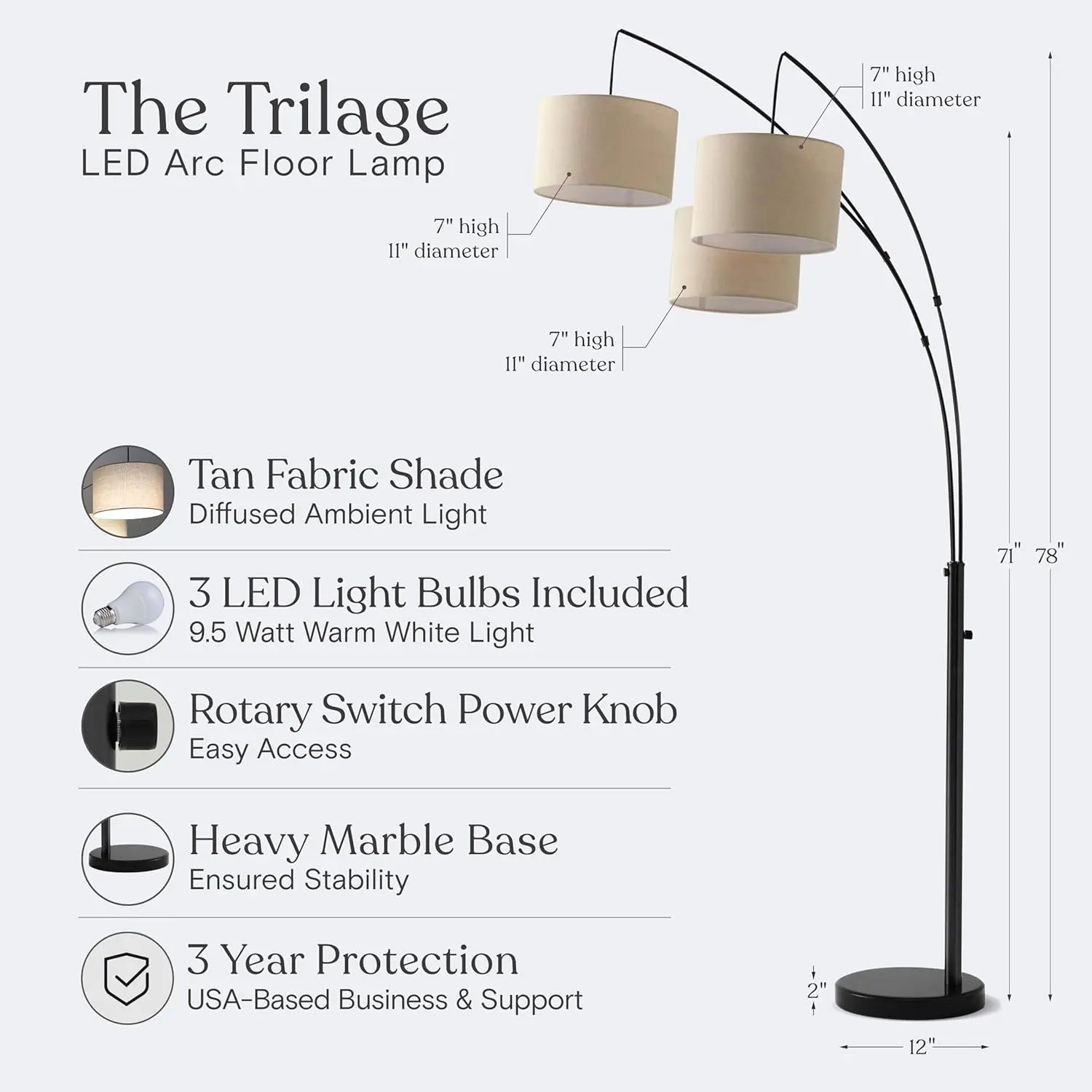 Modern Arc Floor Lamp with 3 Adjustable LED Lights for Living Room Bedroom - Black