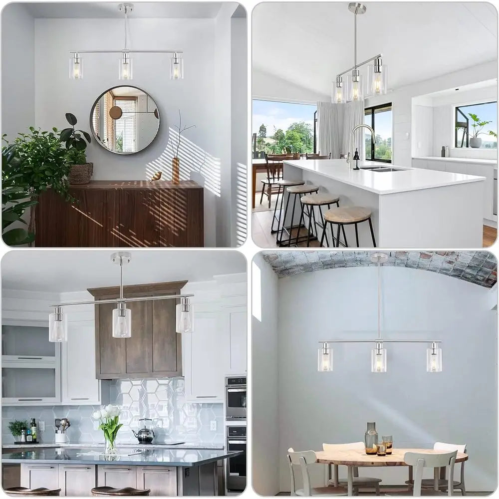 3 Lights Kitchen Island Lighting Brushed Nickel Pendant Light ixtures with Glass Shade 31" Dining Room Chliers Adjustable Height