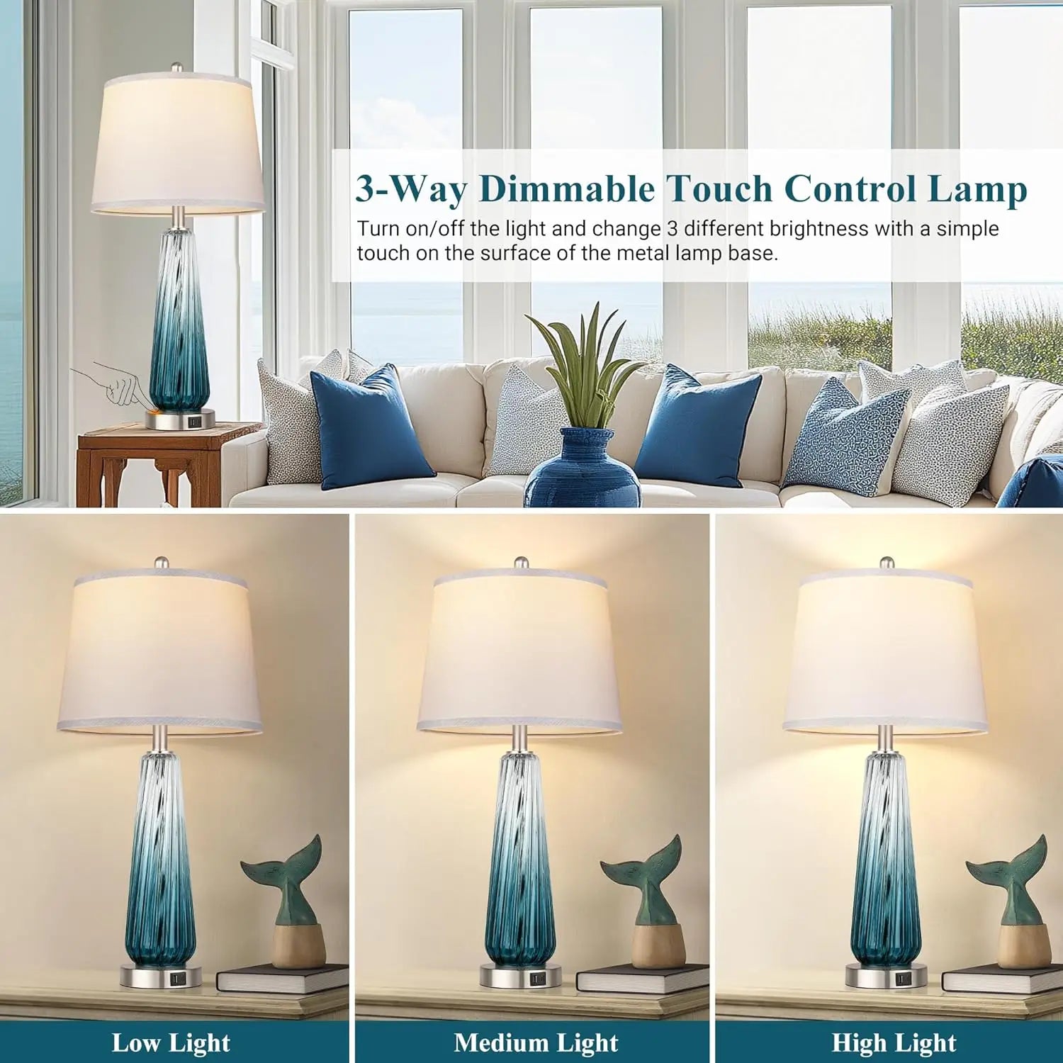 Touch Control Glass Table Lamps Set of 2 with USB Ports, Dimmable Nightstand Lamp for Bedroom Living Room Decor