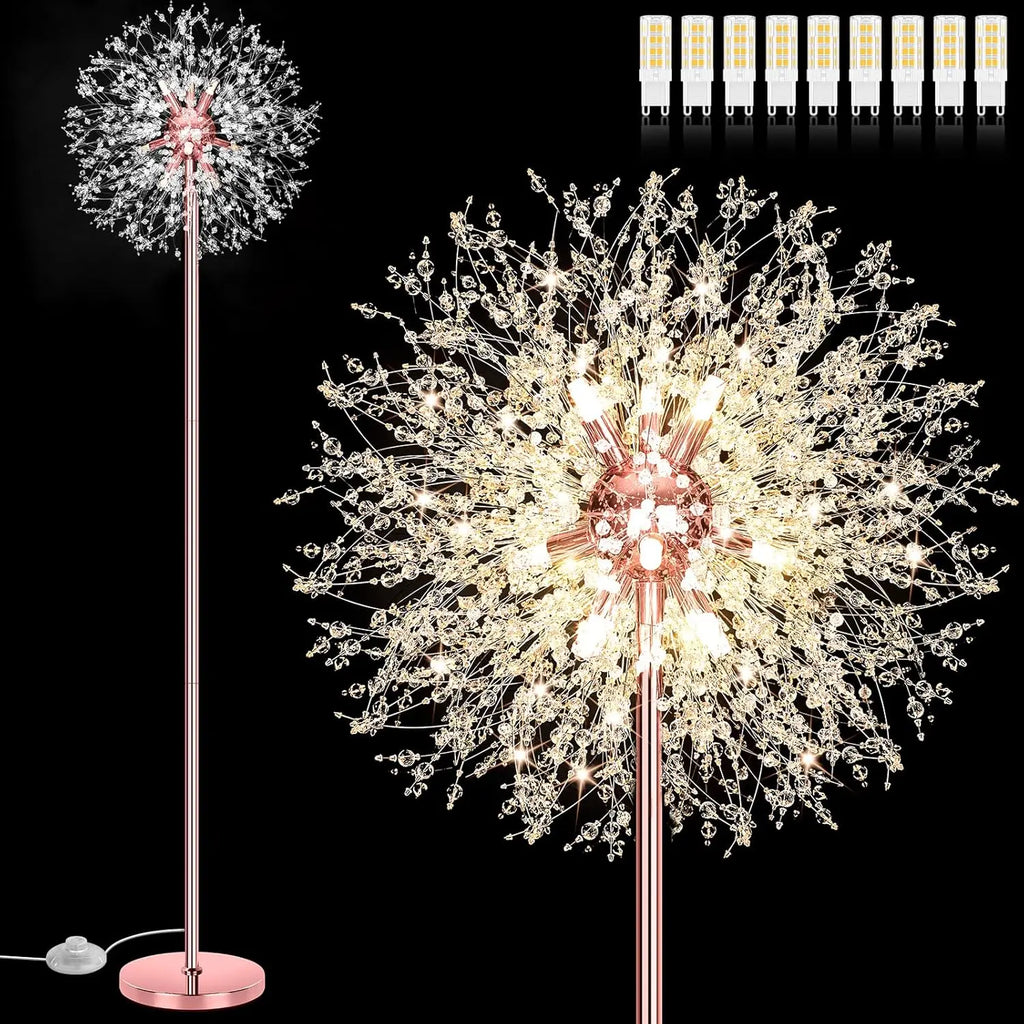 69'' Crystal Floor Lamp with 738 K9 Crystals, Modern Standing Light for Living Room, Rose Gold Finish, 9 LED Bulbs