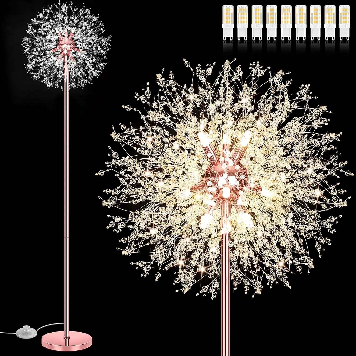 69'' Crystal Floor Lamp with 738 K9 Crystals, Modern Standing Light for Living Room, Rose Gold Finish, 9 LED Bulbs
