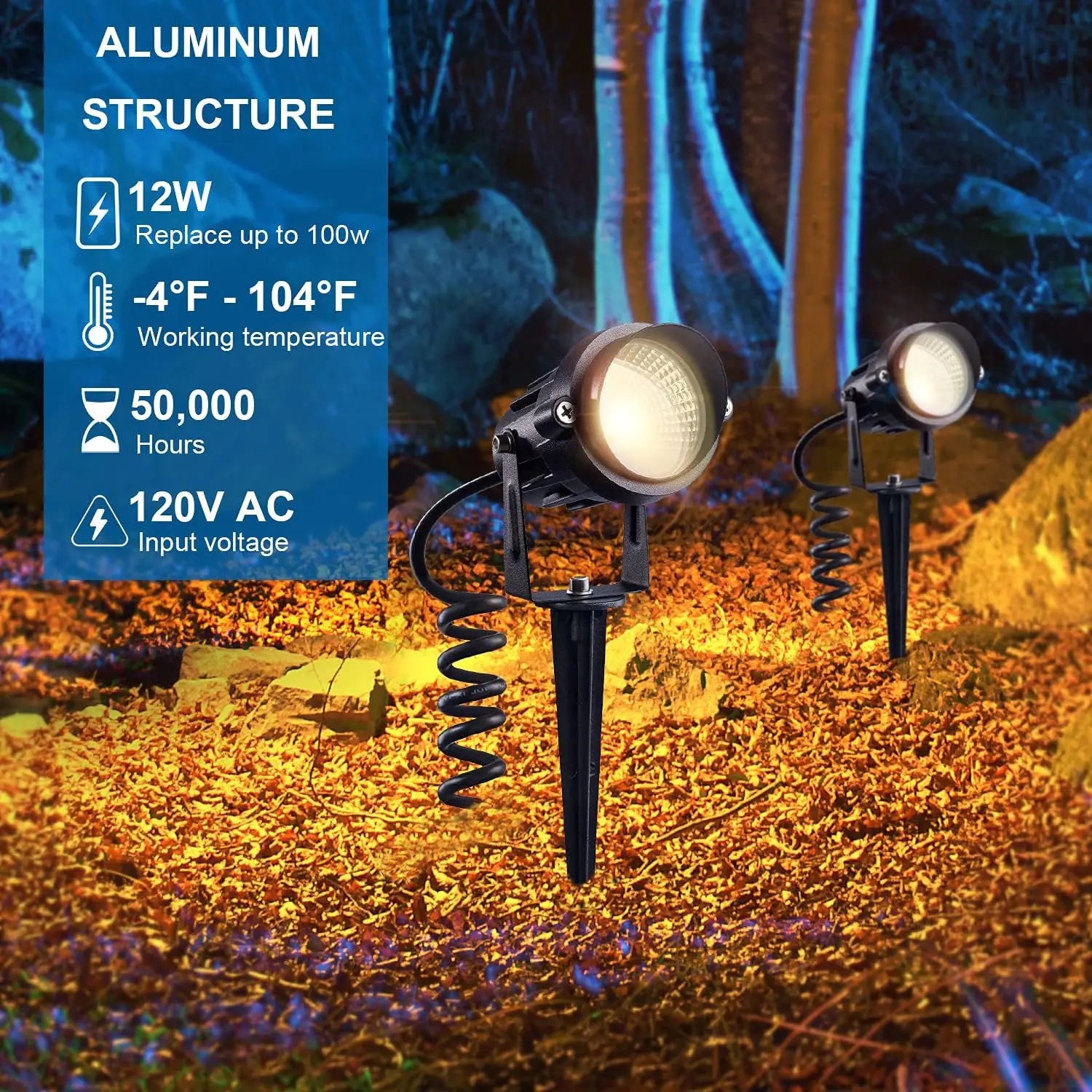 12W LED Outdoor Spotlight Waterproof Landscape Lighting Warm White Garden Lamp with US Plug (6 Pack)