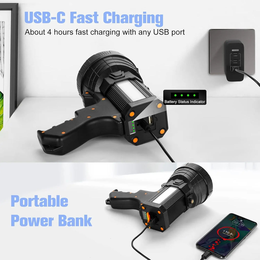 Rechargeable Super Bright LED Spotlight with Flood Light, Tripod, Long Battery Life for Camping and Outdoor Use