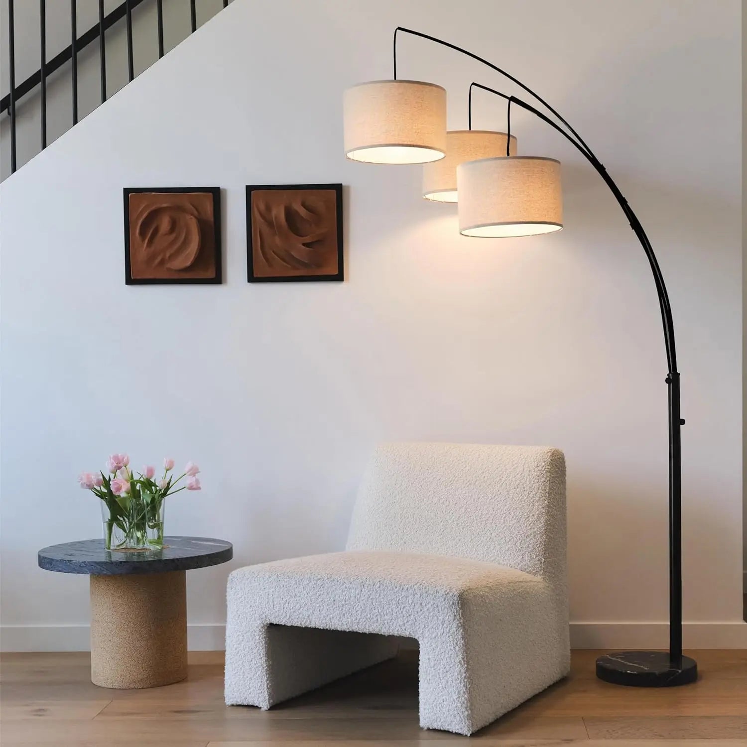 Modern Arc Floor Lamp with 3 Adjustable LED Lights for Living Room Bedroom - Black