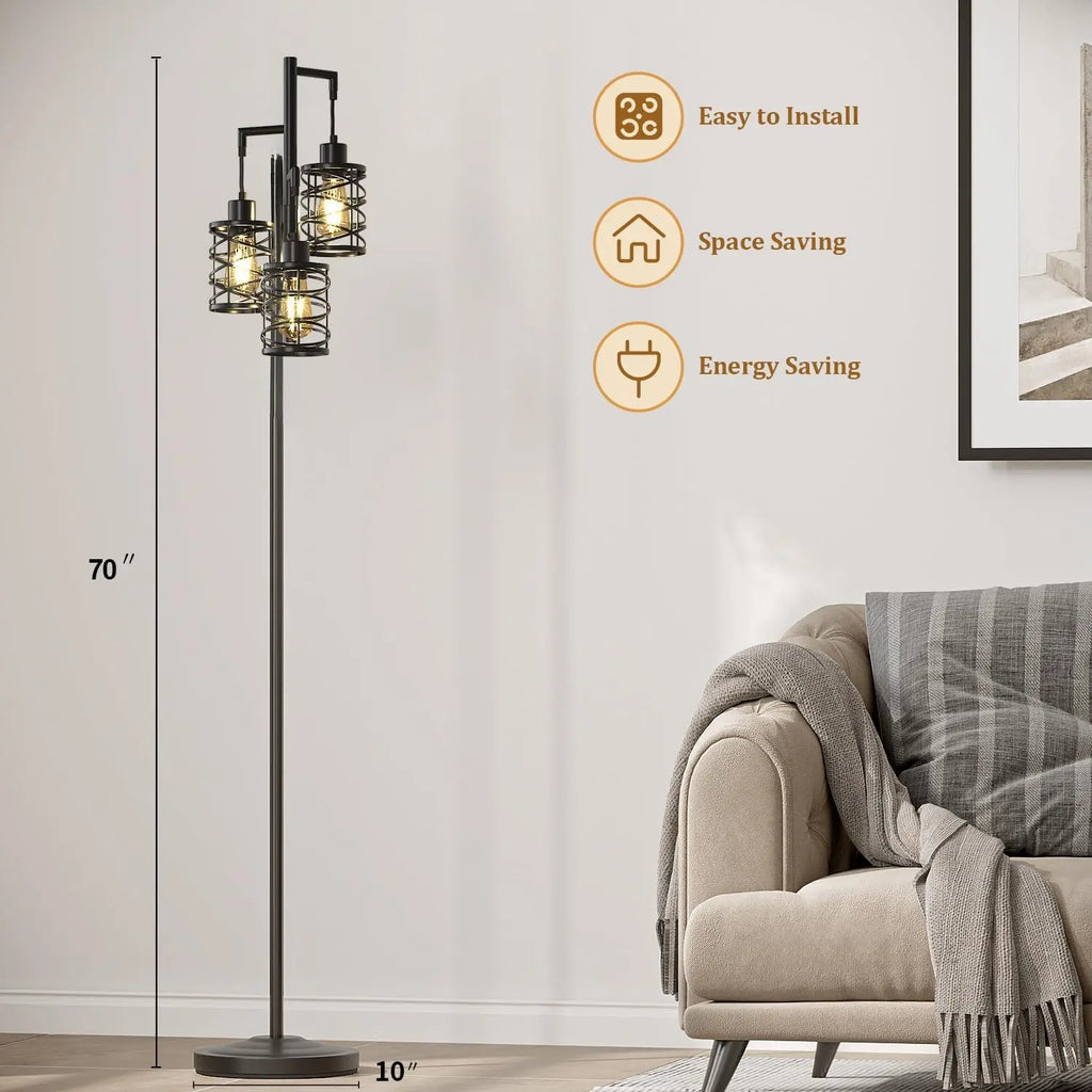 70" Dimmable Floor Lamp with 3 Bulbs, Industrial Style Standing Tree Light for Living Room, Bedroom, Office