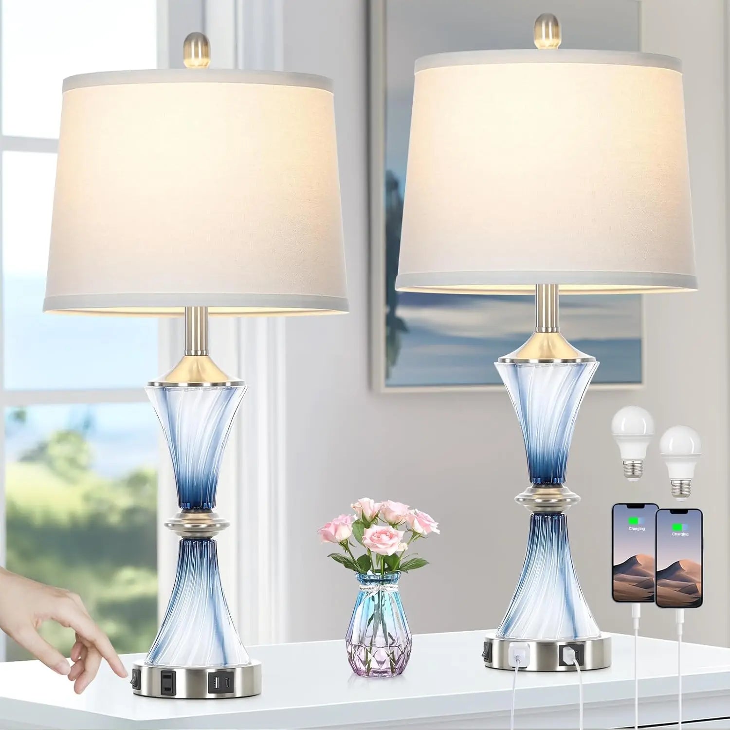 Blue Glass Table Lamp Set of 2 with USB-C & AC Outlet, Modern Bedroom Nightstand Lamp, LED Included