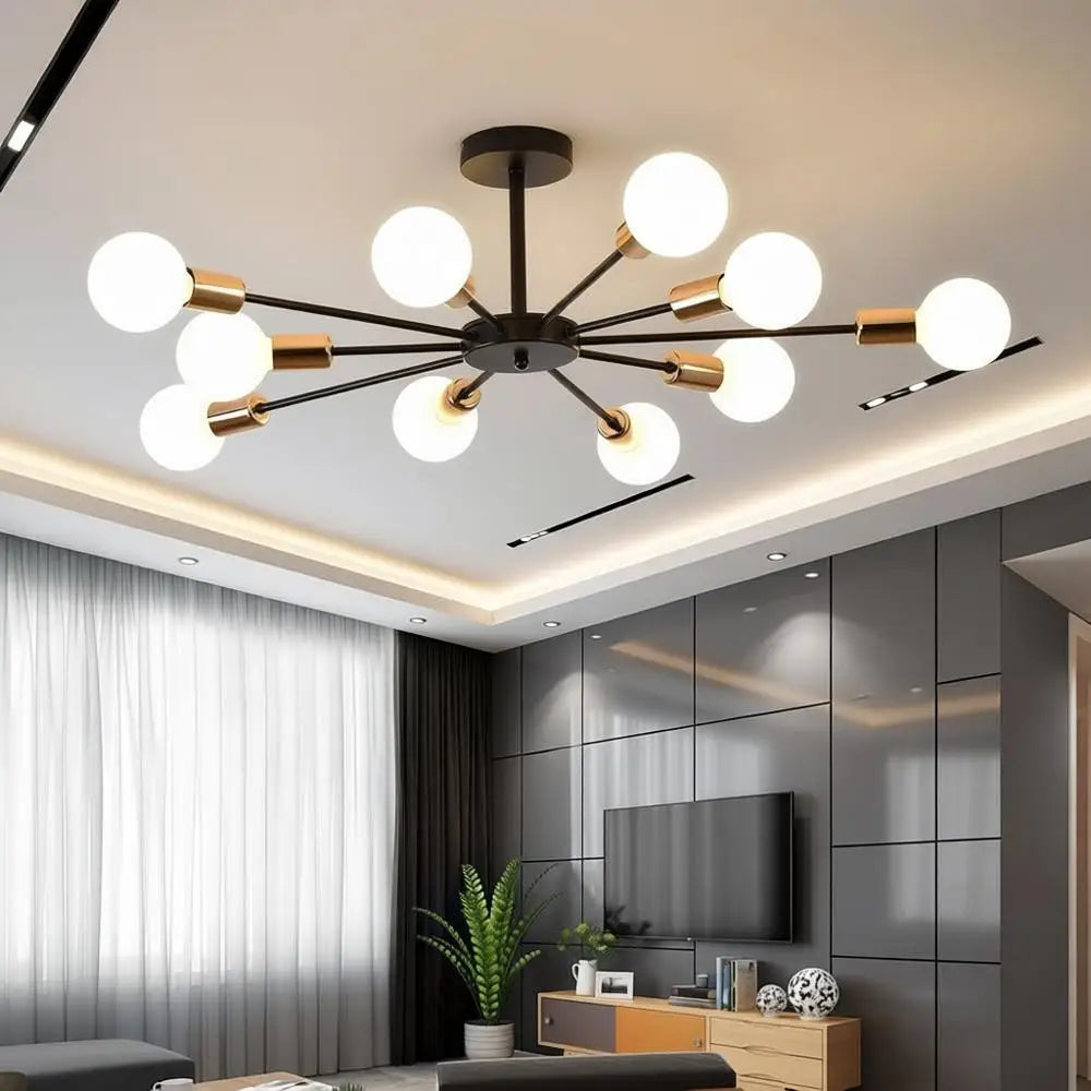 10-Light Semi Flush Mount Ceiling Light, Black and Gold Sputnik, Suitable for Bedroom, Kitchen, Living Room, Entryway, Laundry R