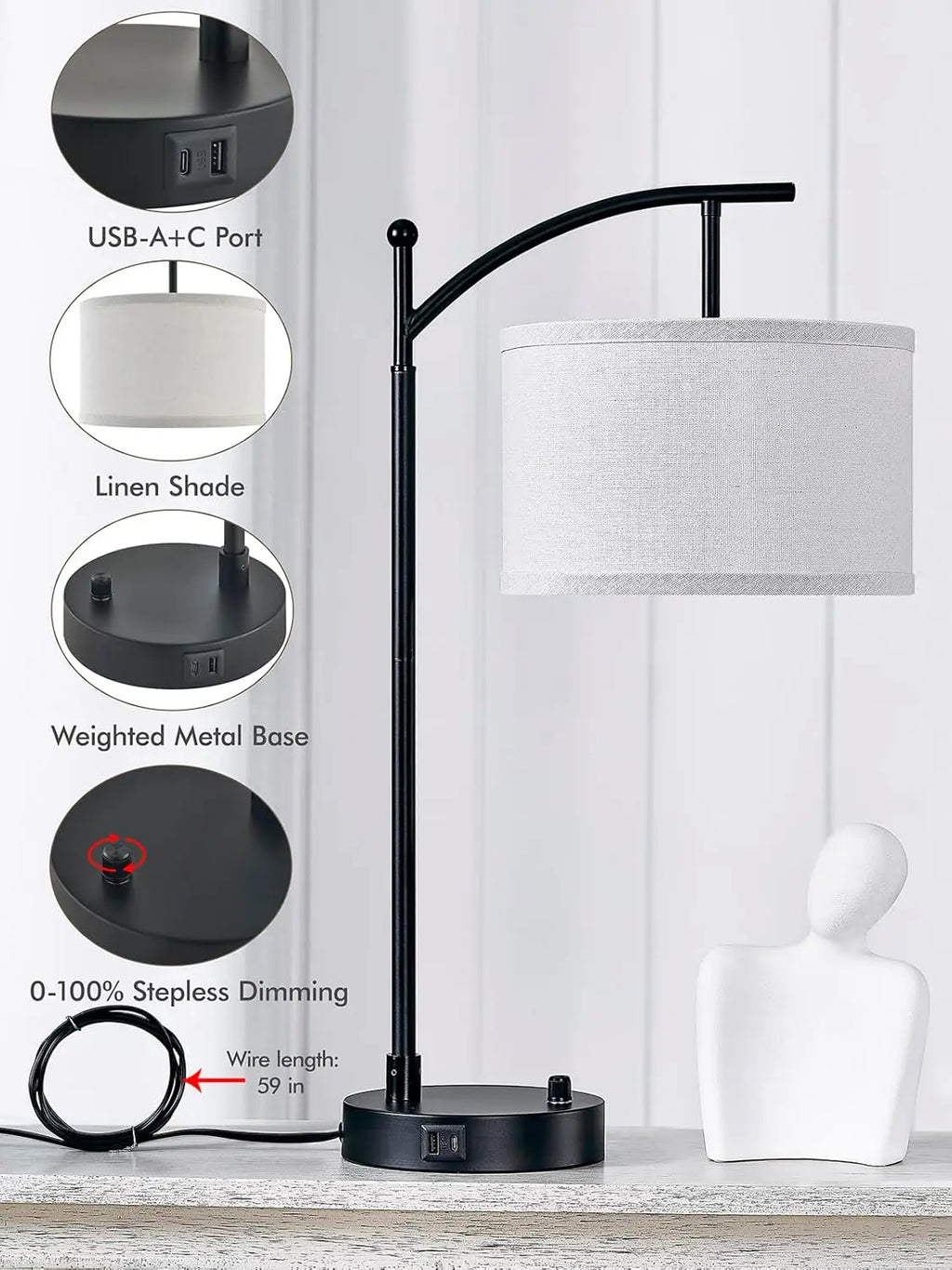 Modern Table Lamp Set of 2 with USB C+A Ports, Dimmable LED Bulbs, Linen Shade for Living Room Bedroom