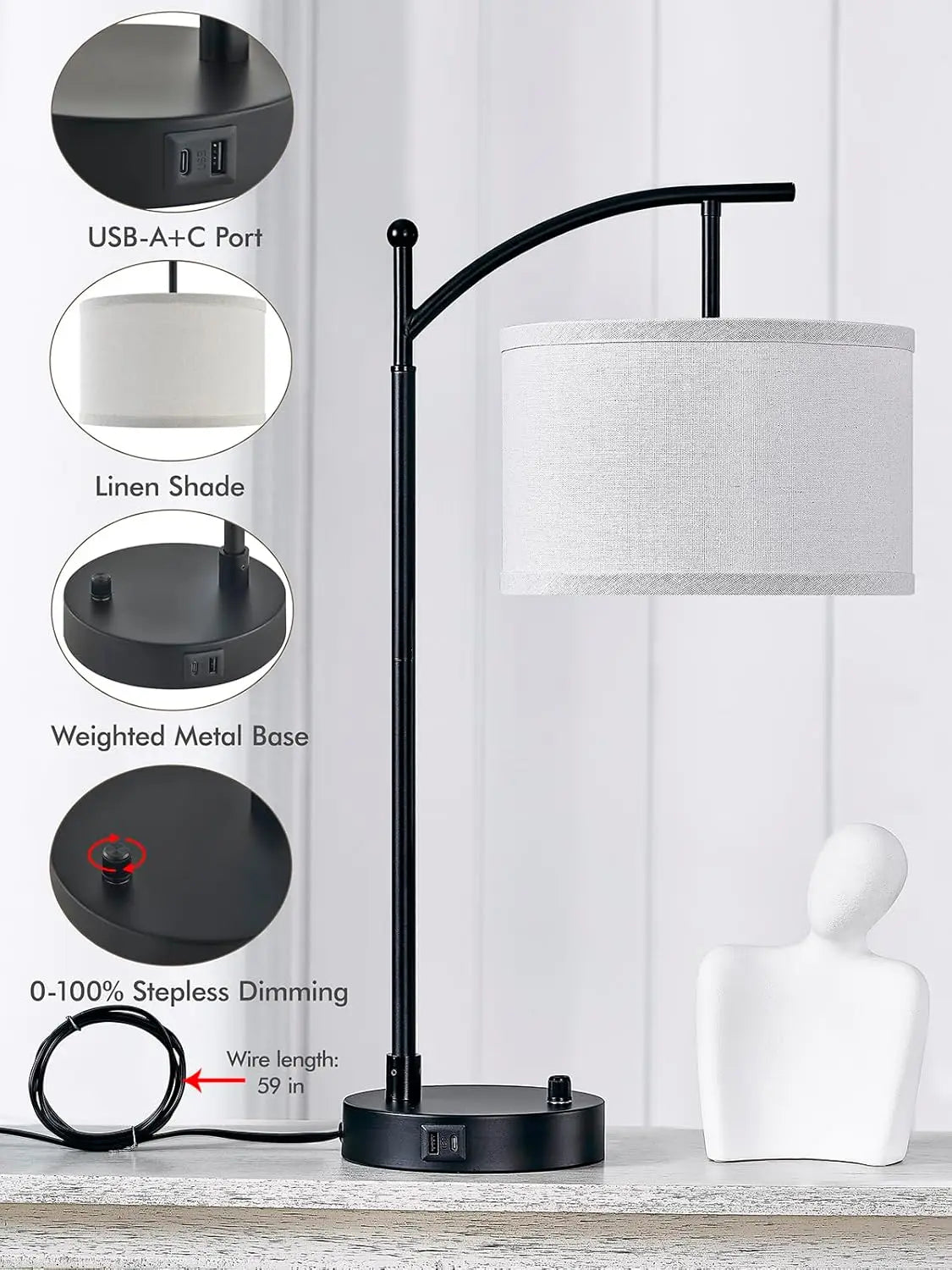 Modern Table Lamp Set of 2 with USB C+A Ports, Dimmable LED Bulbs, Linen Shade for Living Room Bedroom
