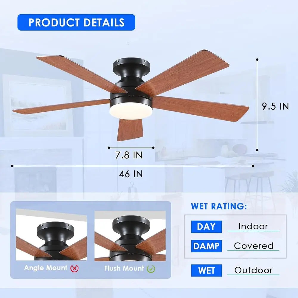 46IN Indoor/Outdoor Ceiling Light with Remote/APP, Low Profile Light with 6 Speeds, Dimming, Suitable for Bedroom, Living Room,