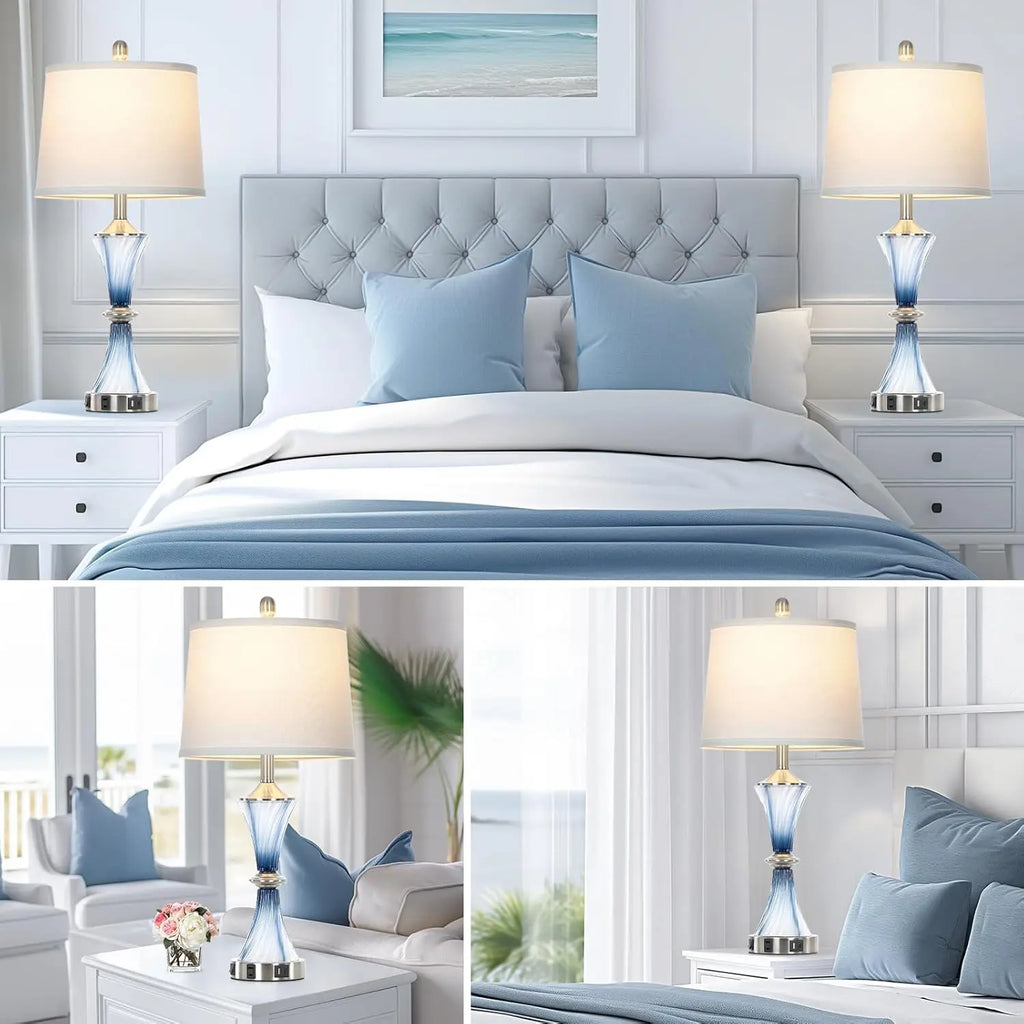 Blue Glass Table Lamp Set of 2 with USB-C & AC Outlet, Modern Bedroom Nightstand Lamp, LED Included