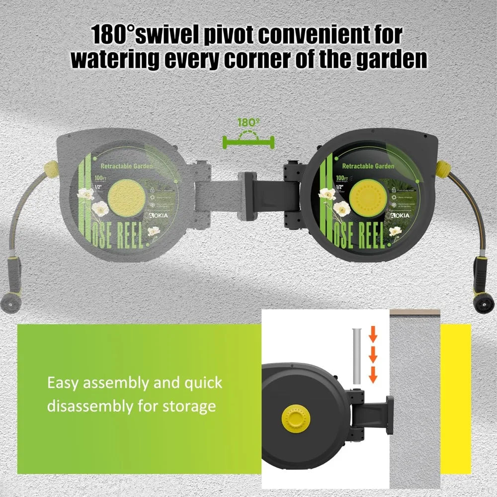 Retractable Garden Hose Reel, 65 ft x 1/2 inch Garden Hose with Auto Return System, Retractable Water Hose with 180°Swivel