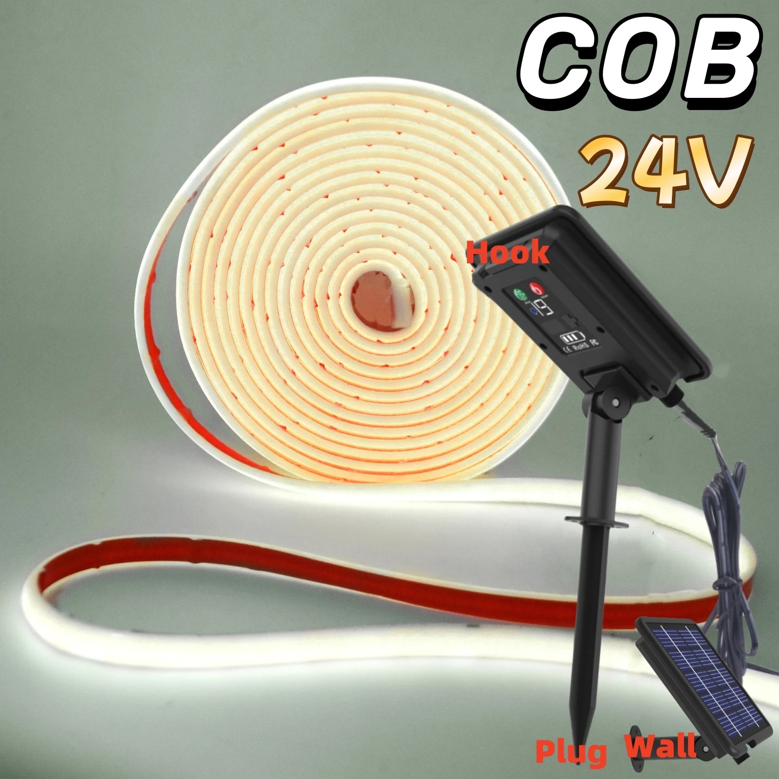 IP68 COB Solar Neon LED Light Strip 5M 24V 320LEDs/M Self-Adhesive Tape Diode Dimmable Rope Cold Natural Warm White Backlight