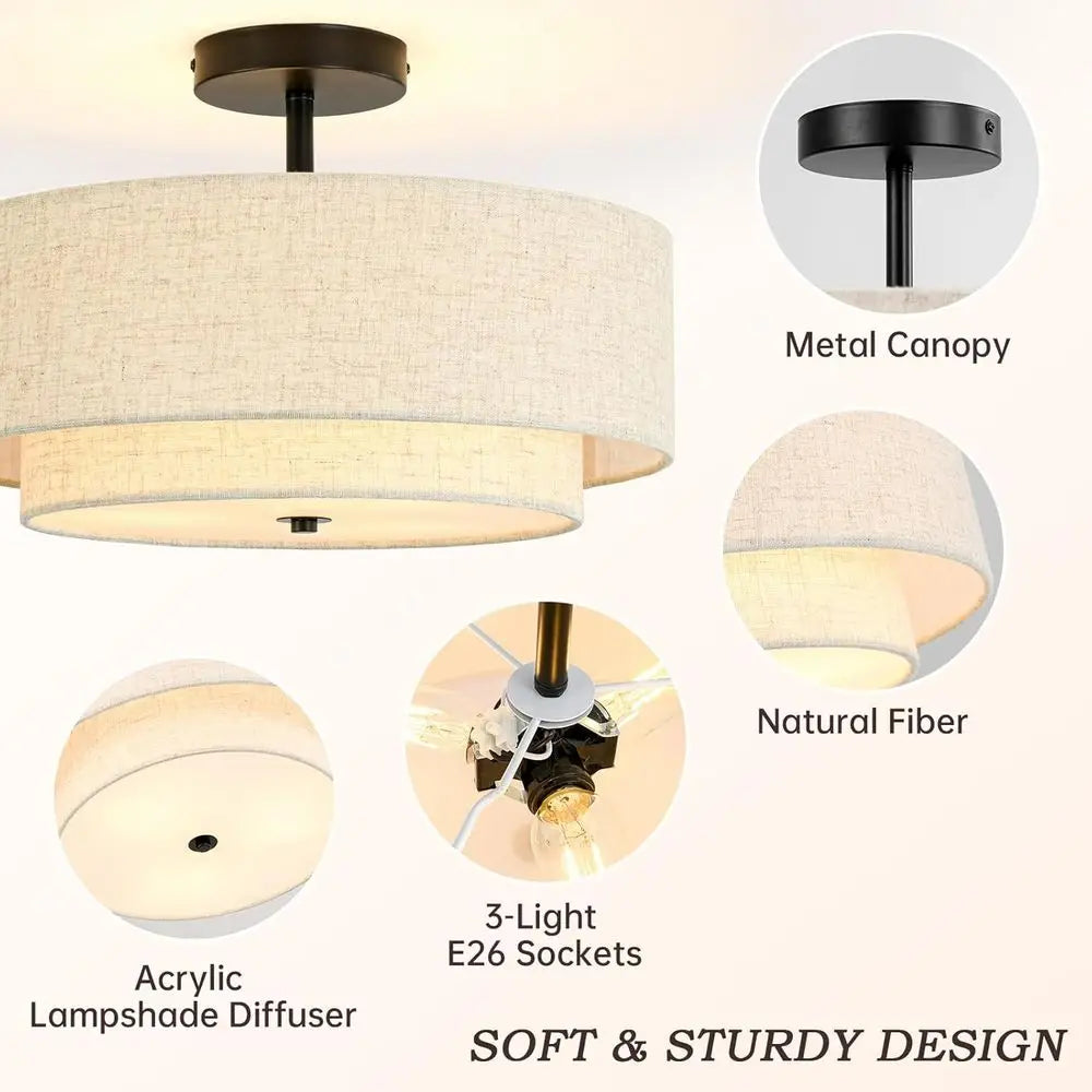 3-Light Drum Ceiling Light with 2-Tier Fabric Linen Shade for Chandelier or Dining Room, Living Room, Bedroom, Kitchen, Hallway,
